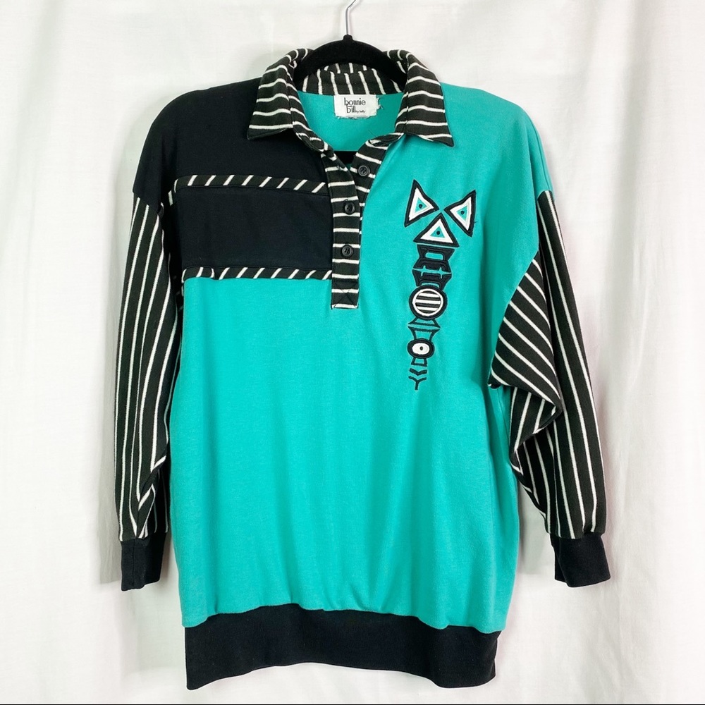 Vintage 80’s Turquoise Black White Striped 3/4 Sleeve Pullover Shirt Lg